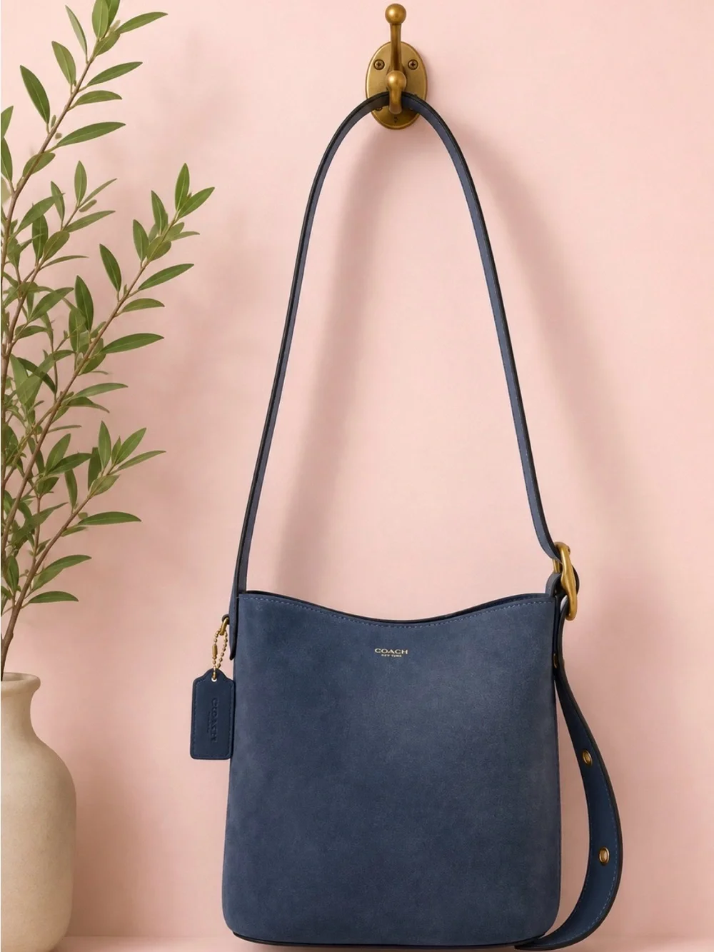 Coach Bleeker Bucket Bag in Light denim blue suede